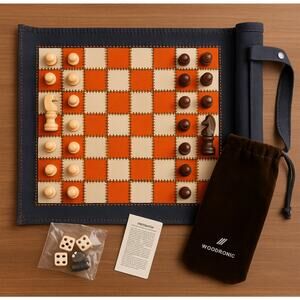 Woodronic Travel Backgammon Chess & Checkers Roll-Up Game Set w Pieces and Case